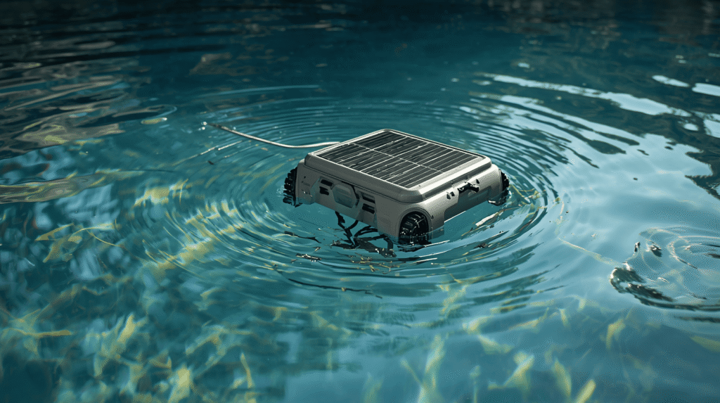 Solarny skimerowy robot basenowy zbierający liście z powierzchni wody